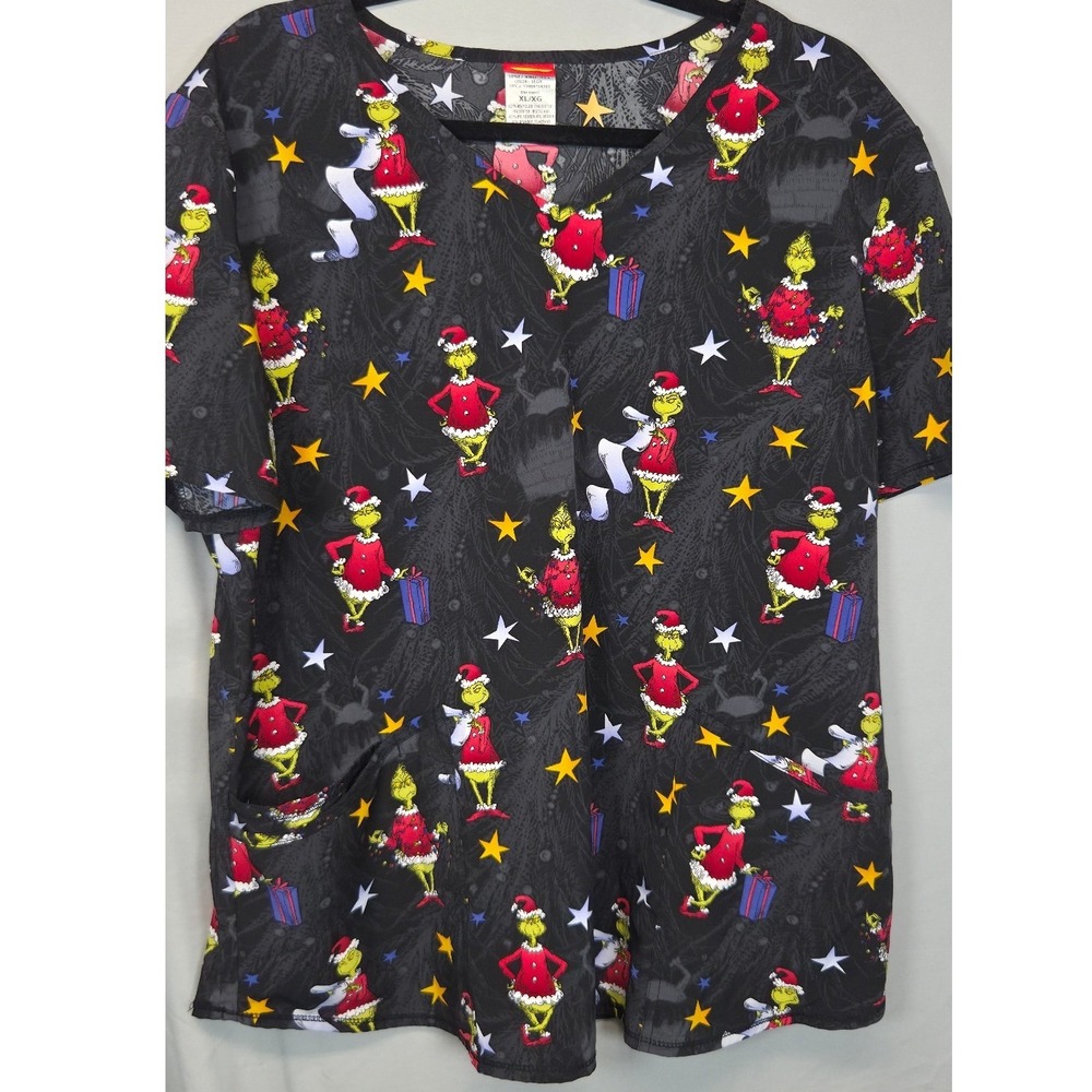 Dr. Seuss The Grinch Scrub Top Womens XL Black Excellent Holiday Print 2020s